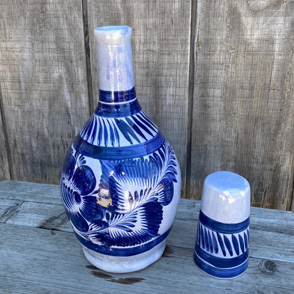 Vintage Mexican Ceramic Jug with Cup, Tonala Vase, Mexican Folk Art